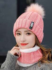 1 set Bonnet et écharpe tricotés pour femme en hiver, ensemble de bonnet épais doublé pour réchauffer les oreilles