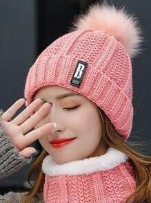 1 set Bonnet et écharpe tricotés pour femme en hiver, ensemble de bonnet épais doublé pour réchauffer les oreilles
