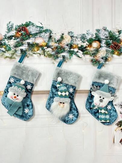 3双圣诞袜，圣诞礼品包装，圣诞树冬季新年派对用品，适用于圣诞花环、花环和家居花园装饰，圣诞树装饰，驯鹿，圣诞老人，雪人，蓝色礼品袜，冬季，毛绒袜