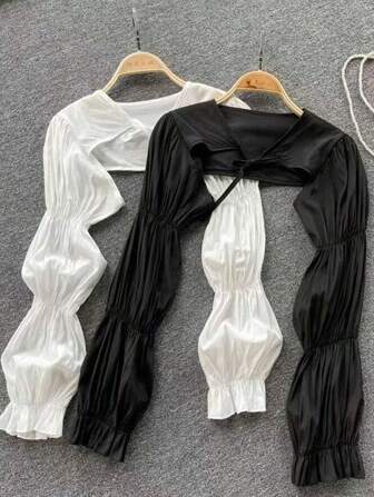 1pc Black-And-White Or Apricot Color Ice/Cool Silk Sun Protection Arm Sleeve, Loose Open-Front With Belt Shawl For Driving