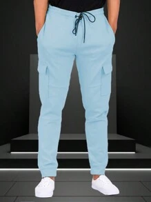 Mens Cotton Blend Cargo Pocket Elastic Waist Casual Jogger Pant Sweats - 淺藍色 - 查看 2