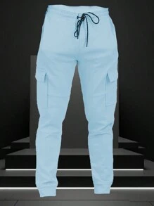 Mens Cotton Blend Cargo Pocket Elastic Waist Casual Jogger Pant Sweats - 淺藍色 - 查看 1