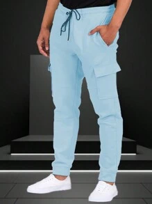 Mens Cotton Blend Cargo Pocket Elastic Waist Casual Jogger Pant Sweats - 淺藍色 - 查看 3