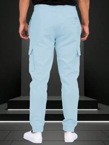 Mens Cotton Blend Cargo Pocket Elastic Waist Casual Jogger Pant Sweats - 淺藍色 - 查看 4