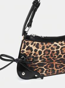 1 件复古肩带蝴蝶结装饰外露栗色/黄色和豹纹单肩腋下法棍包，适合约会、外出、派对