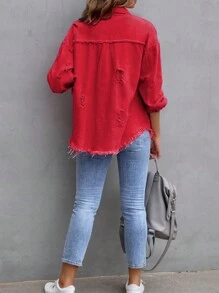 Women's Jeans Coat Ripped Distressed Denim Jacket Long Sleeve Button Down Boyfriend Jeans Coat Trucker Jacket - Red - View 6