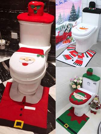 Set de 3 piezas Cubiertas de asiento de inodoro navideñas con diseño adorable de Papá Noel, alfombra de baño, suministros navideños para el hogar, regalo de Navidad y Año Nuevo, decoración de baño, decoración de otoño