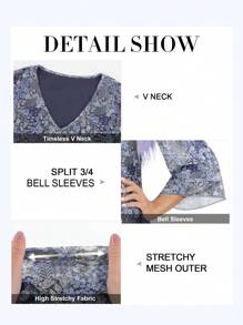 CheersLife 女士优雅V领双层弹力网纱休闲飘逸工作衬衫，饰有荷叶边，七分喇叭袖和收腰设计