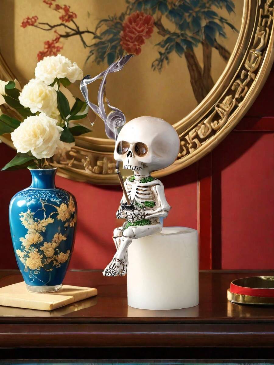 1 件多功能骷髅小雕像，手工制作的骷髅装饰，适用于室内桌面、户外花园和微型景观，非常适合万圣节、哥特式家居装饰和创意展示 - 彩色 - 查看 1