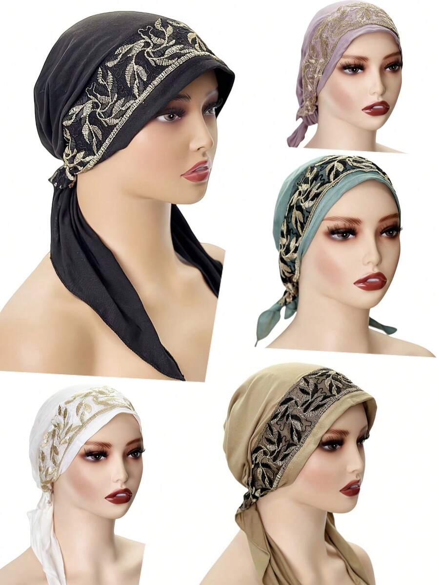 1 chiếc khăn trùm đầu thêu đàn hồi thanh lịch cho nữ, trang trí ren hoa polyester thời trang, phù hợp với mọi mùa - A - Xem 1
