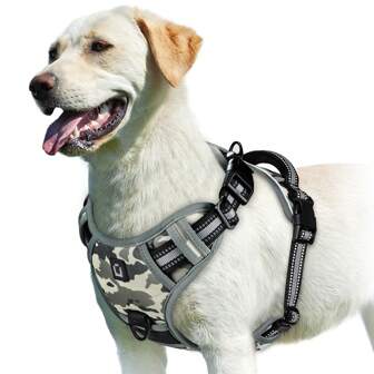 狗背带，无拉力宠物背带，配有 2 个皮带夹，可调节软垫狗背心，反光防窒息宠物牛津背心，配有易于控制的手柄，适合大型犬