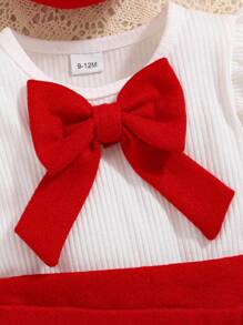 女婴白色长袖上衣配红色蝴蝶结装饰和红色设计裙子套装，秋冬 - 紅色 - 查看 6