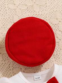 女婴白色长袖上衣配红色蝴蝶结装饰和红色设计裙子套装，秋冬 - 紅色 - 查看 3