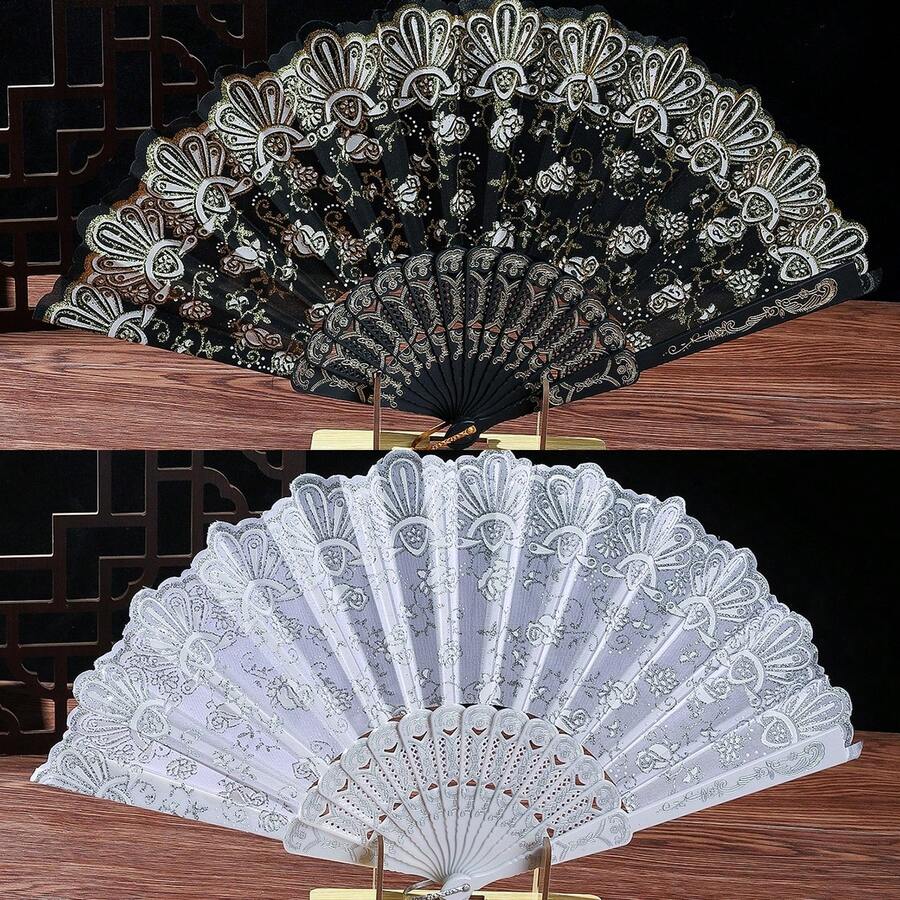 1 件新款迷你玫瑰图案古典扇子、舞者礼物、表演折扇、复古丝绸扇女式 - 彩色 - 查看 1