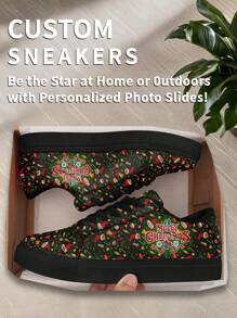 1 Pair Of Custom Christmas Gift Holiday Sandals With Personalized Name, Customized Santa Photo Sneakers, Custom Name Festive Sneakers, Unique Sneakers With Holiday Design, Tailored Photo Sneakers, Personalized Sneakers For Him And Her, Custom Casual Footwear, Ideal Christmas Gift For Mom/Dad/Her/Him/Girlfriend/Boyfriend/Wife/Husband/Friend. - Black - View 4