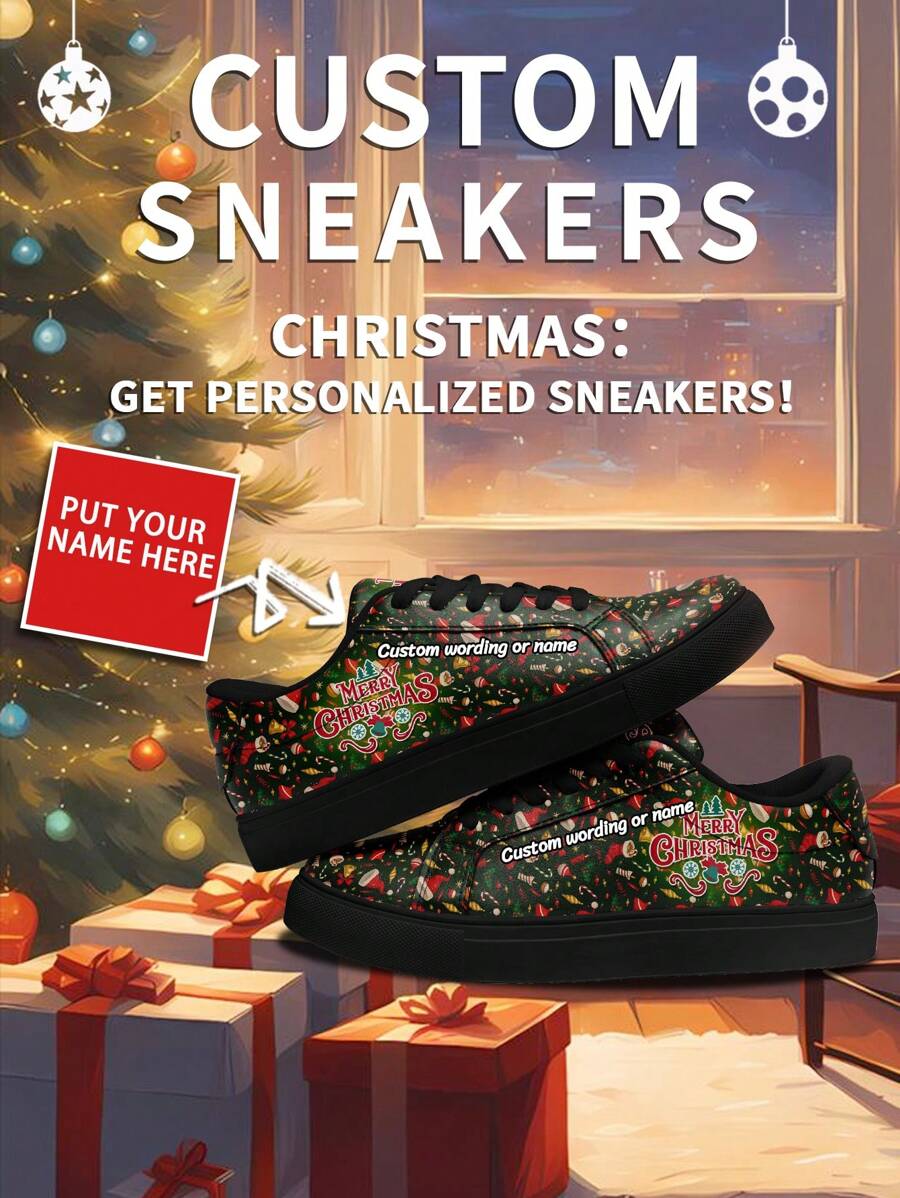 1 Pair Of Custom Christmas Gift Holiday Sandals With Personalized Name, Customized Santa Photo Sneakers, Custom Name Festive Sneakers, Unique Sneakers With Holiday Design, Tailored Photo Sneakers, Personalized Sneakers For Him And Her, Custom Casual Footwear, Ideal Christmas Gift For Mom/Dad/Her/Him/Girlfriend/Boyfriend/Wife/Husband/Friend. - Black - View 1