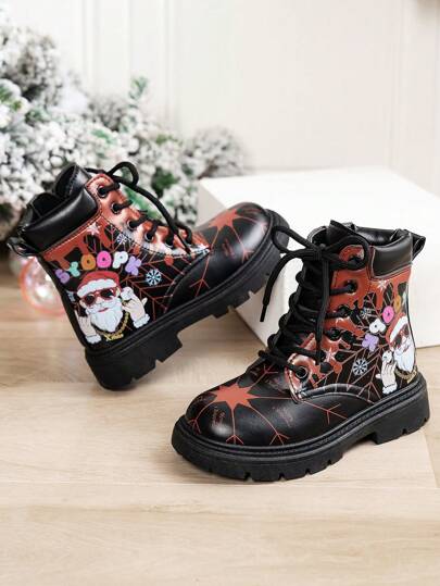 Kinder Spinnennetz & Weihnachtsmann Urlaubs-Muster Mode Knöchel Stiefel, bequeme warme Lässig Schnürstiefel für Kinder Outdoor, Herbst & Winter, für Weihnachten