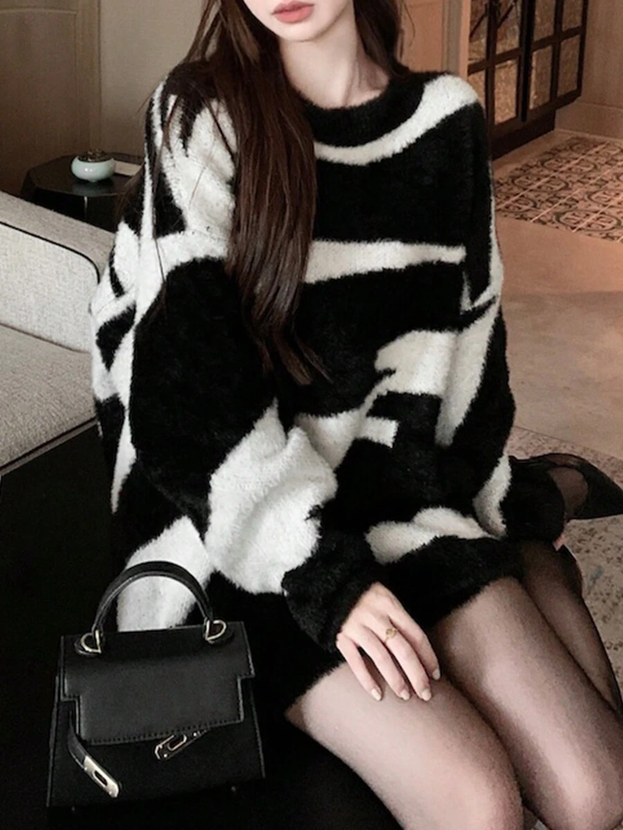 独特设计宽松斑马纹针织毛衣,时尚休闲女款 - 黑色 - 查看 1