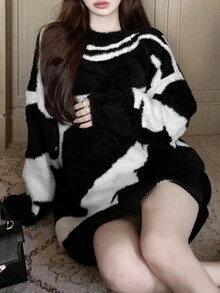 独特设计宽松斑马纹针织毛衣，时尚休闲女款 - 黑色 - 查看 2