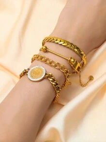 2pcs Simple Stainless Steel Thick Chain Hip Hop Punk Personalized Cool Necklace + Bracelet Set - Set - View 7