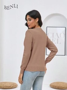 Suéter de punto de flores suéter con cremallera de manga larga - Caqui - Ver 2