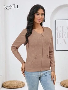 Suéter de punto de flores suéter con cremallera de manga larga - Caqui - Ver 3