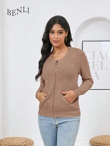 Suéter de punto de flores suéter con cremallera de manga larga - Caqui - Ver 4