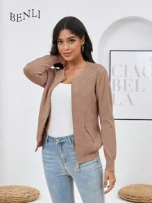 Suéter de punto de flores suéter con cremallera de manga larga - Caqui - Ver 1