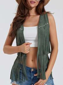 Women's Boho Hippie Chic Waistcoat Vest Ultra Lightweight Solid Hue Open Front Sleeveless Jacket Adorned With Tassels  Streetwear Layering