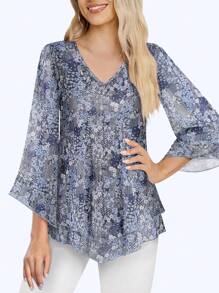 CheersLife 女士优雅V领双层弹力网纱休闲飘逸工作衬衫，饰有荷叶边，七分喇叭袖和收腰设计