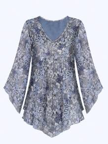 CheersLife 女士优雅V领双层弹力网纱休闲飘逸工作衬衫，饰有荷叶边，七分喇叭袖和收腰设计