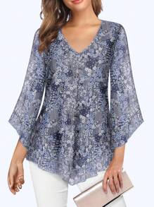 CheersLife 女士优雅V领双层弹力网纱休闲飘逸工作衬衫，饰有荷叶边，七分喇叭袖和收腰设计