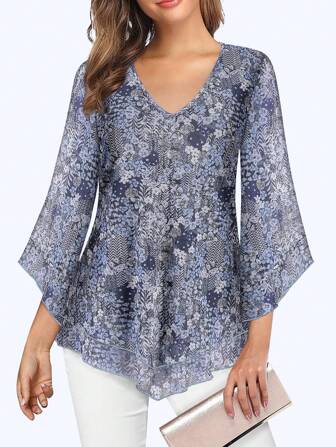 CheersLife Women's Elegant V-Neck Double-Layer Elastic Mesh Casual Flowy Work Blouse With Ruffle Trim, 3/4 Bell Sleeves And Cinched Waist