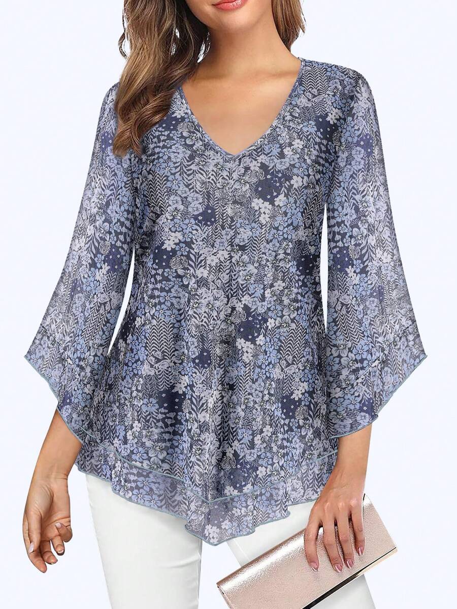 CheersLife 女士优雅V领双层弹力网纱休闲飘逸工作衬衫，饰有荷叶边，七分喇叭袖和收腰设计