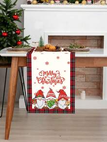 1 khăn trải bàn Giáng sinh, viền kẻ caro có chú lùn giữ quà, họa tiết quả bóng Giáng sinh, dòng chữ "Merry Christmas", chất liệu polyester, trang trí bàn tiệc Giáng sinh mùa đông tại nhà và phòng ăn - Nhiều màu - Xem 6