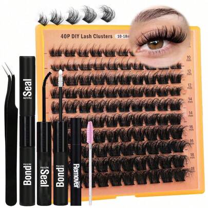 40D 60D 80D DIY Eyelash Extension Kit, Glue, Tweezers, Brush, Remover, Cluster Lashes, Flawless & Natural Lashes 8-18mm Mixed, With Eye Lash Glue Applicator, DIY Lashes At Home Lash Clusters Kit,Lashes,Eyelashes,Fake Lashes