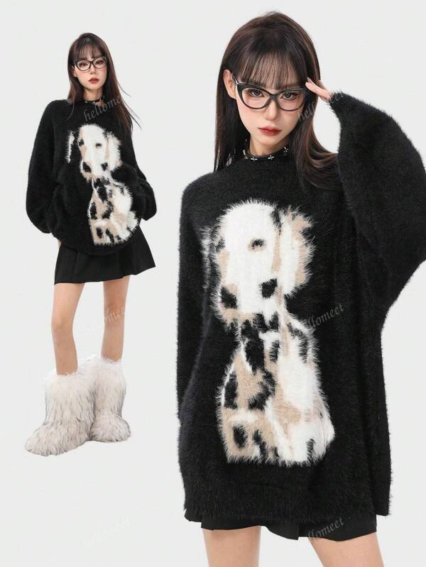 Suéter de cuello redondo de manga larga, grueso y tejido, para mujeres de talla grande, con diseño de lunares y estampado de animales, en estilo lindo y esponjoso, ideal para otoño/invierno.