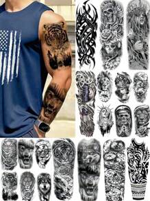 20 张 3D 监狱哥特式毛利袖纹身 8 张超长全袖 12 张黑狼虎狮手臂贴临时纹身成人假全臂袖纹身贴纸骷髅骨架 - 黑色 - 查看 9