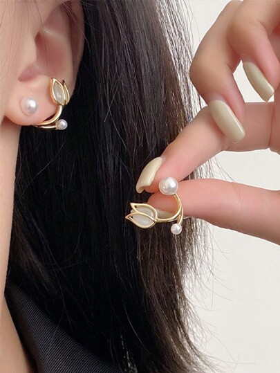 1 par de elegantes pendientes de tubo con perla falsa, pendientes a juego de moda