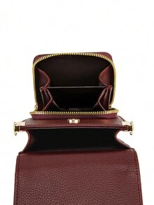 MIYIN 时尚休闲荔枝纹手机钱包，适合女士，配有可调节宽肩带，简约纯色 PU 单肩包，带卡槽和前拉链口袋，绗缝细节翻盖斜挎包，配有吉他背带，适合女士日常使用，手机袋，手机袋 - 酒紅色 - 查看 4