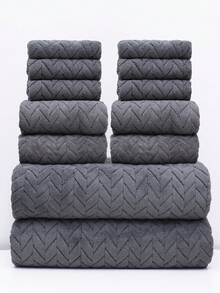 Bộ 12 món [6 khăn vuông + 4 khăn tắm + 2 khăn tắm] Bộ khăn tắm in hình tai lúa mì & trơn, mềm mại & thấm hút, nhanh khô, thích hợp để tắm, rửa mặt, phòng tắm, sử dụng ngoài trời - Nhiều màu - Xem 3