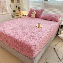 1 tấm ga trải giường vừa vặn bằng nhung giả màu hồng hình thoi chần bông, tấm ga trải giường vừa vặn bằng nhung giả dày màu trơn đơn giản, thích hợp sử dụng tại nhà và ký túc xá, phù hợp cho mùa thu đông (1 tấm ga trải giường vừa vặn, không có vỏ gối) - Hồng - Xem 4