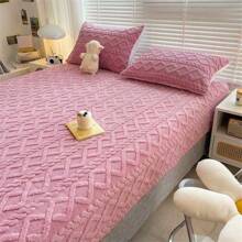 1 tấm ga trải giường vừa vặn bằng nhung giả màu hồng hình thoi chần bông, tấm ga trải giường vừa vặn bằng nhung giả dày màu trơn đơn giản, thích hợp sử dụng tại nhà và ký túc xá, phù hợp cho mùa thu đông (1 tấm ga trải giường vừa vặn, không có vỏ gối) - Hồng - Xem 5
