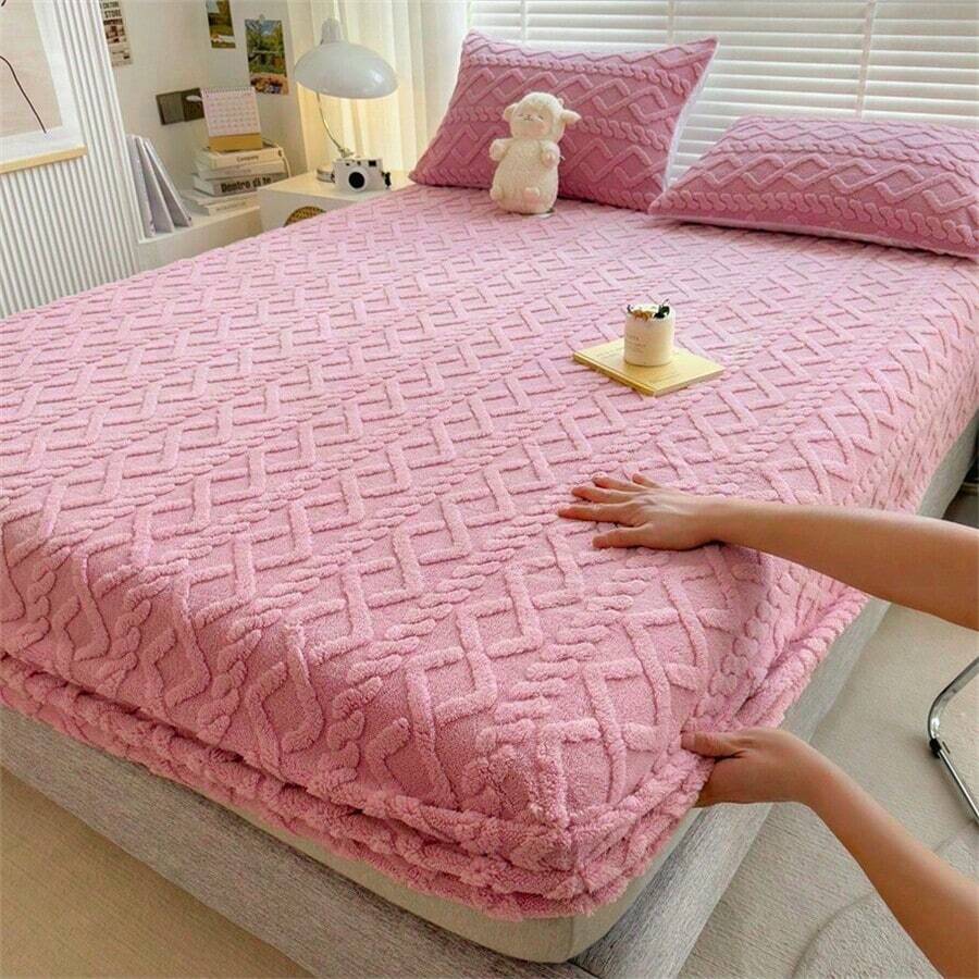 1 tấm ga trải giường vừa vặn bằng nhung giả màu hồng hình thoi chần bông, tấm ga trải giường vừa vặn bằng nhung giả dày màu trơn đơn giản, thích hợp sử dụng tại nhà và ký túc xá, phù hợp cho mùa thu đông (1 tấm ga trải giường vừa vặn, không có vỏ gối) - Hồng - Xem 1