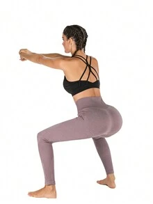 LEOQ Quần tập yoga bó cạp cao nâng mông cho nữ dài 7/8, thích hợp cho tập Pilates, Yoga và chạy bộ - Màu tím - Xem 3