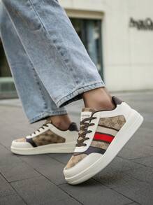 男士时尚撞色字母图案系带前平底设计休闲运动鞋，百搭户外舒适低帮运动/训练鞋 - 米棕 - 查看 8