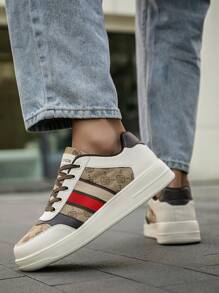 男士时尚撞色字母图案系带前平底设计休闲运动鞋，百搭户外舒适低帮运动/训练鞋 - 米棕 - 查看 9