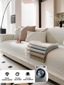 1 件雪尼尔提花面料座垫，韩式现代简约防猫抓防滑沙发套，防宠物毛发客厅沙发保护套，适用于 L 形、1/2/3/4 座沙发（单独出售） - 米色 - 查看 6