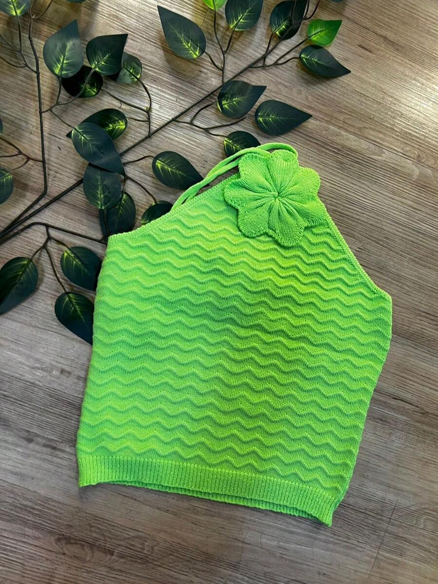 Women's Summer Cropped Knit Vest, Modal, Flower, Tie, Fits Up To 42, Summer Fashion - 青檸色 - 查看 1