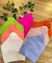 Women's Summer Cropped Knit Vest, Modal, Flower, Tie, Fits Up To 42, Summer Fashion - 青檸色 - 查看 2